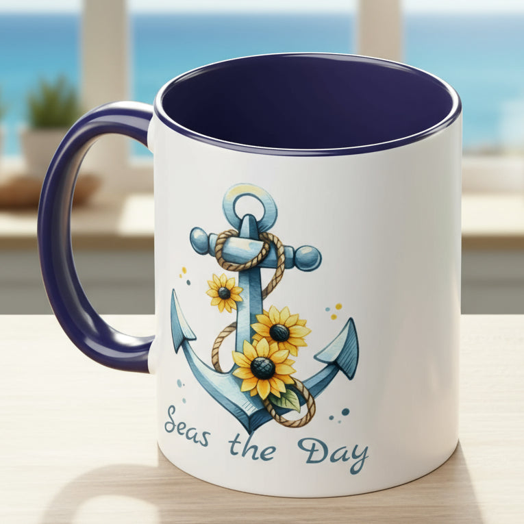 11 oz. White mug with blue handle and interior with Anchor and Sunflowers with text Seas the Day