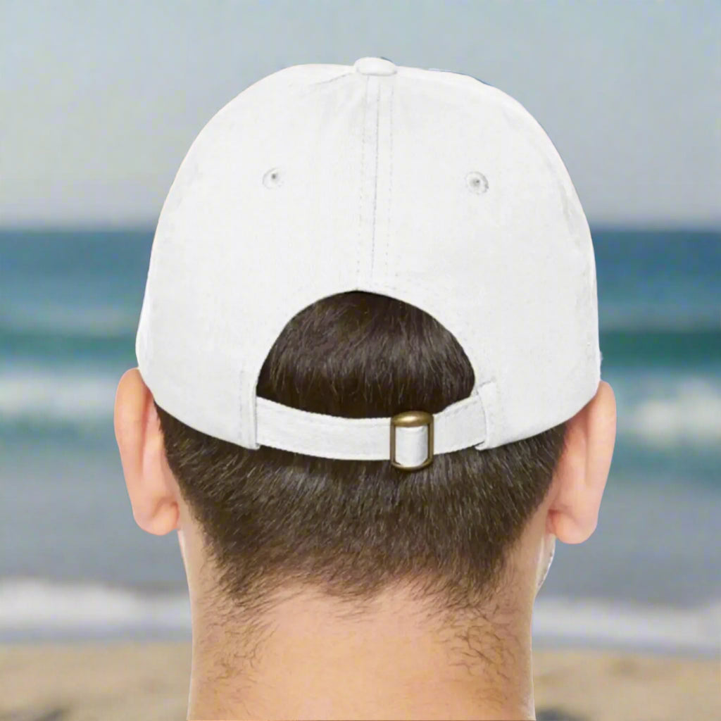 The back of a white "Proud American" Curved-bill six panel hat with metal adjustable buckle.