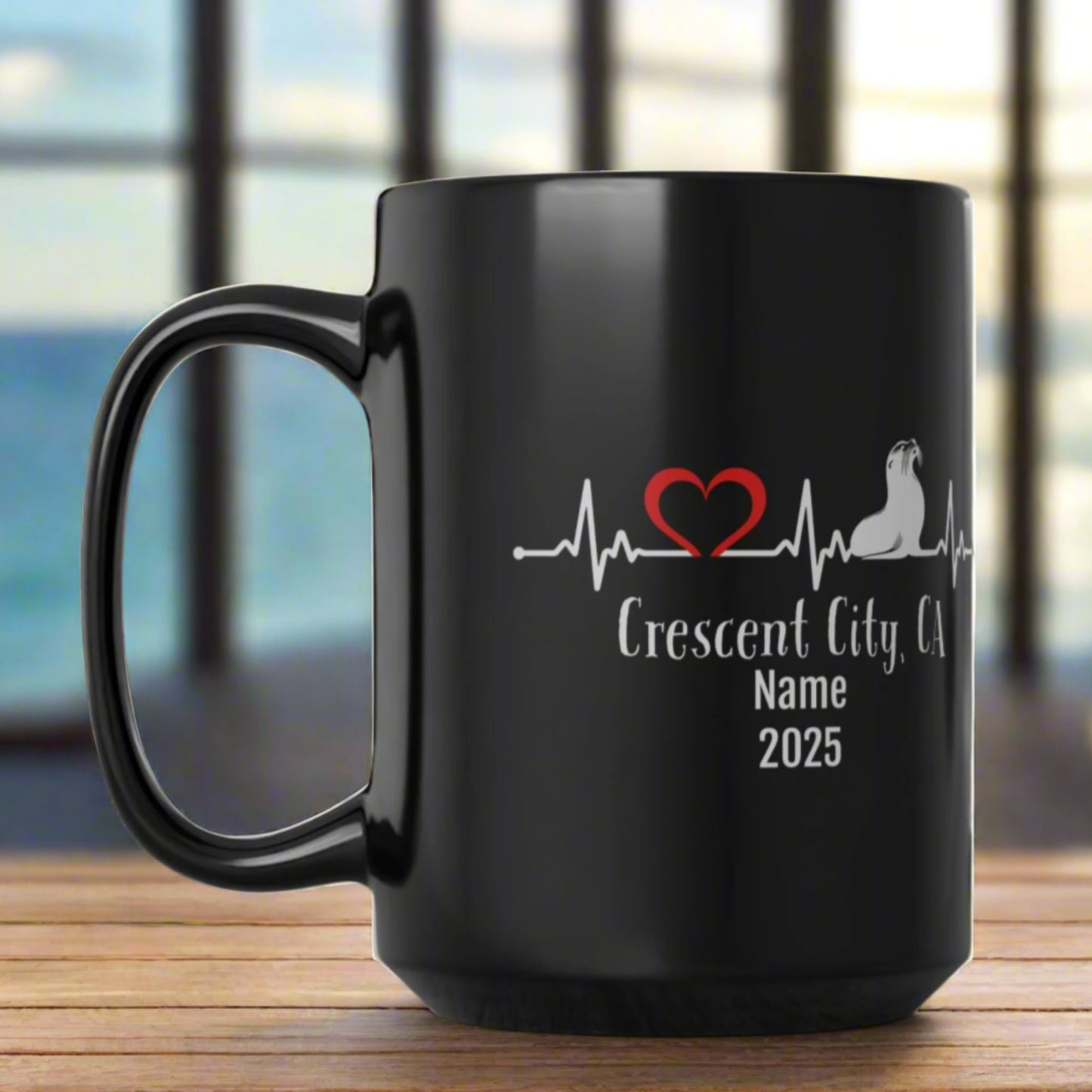 Black mug with a heart rate design and text on a kitchen counter