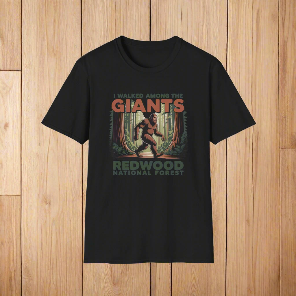 Black t-shirt with a graphic design of a bear and text on a white background