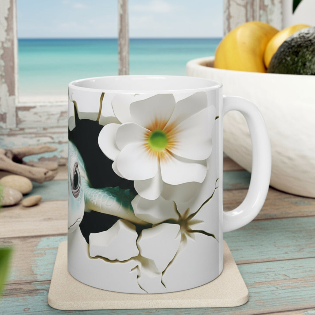 White mug with floral design on a coaster, placed on a light surface with a blurred background