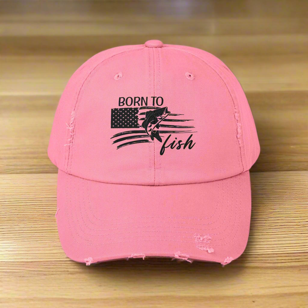 Born to Fish Unisex Distressed Cap - Perfect for Anglers and Outdoor Enthusiasts Hats True-Pink-One-size Everythings Beachy