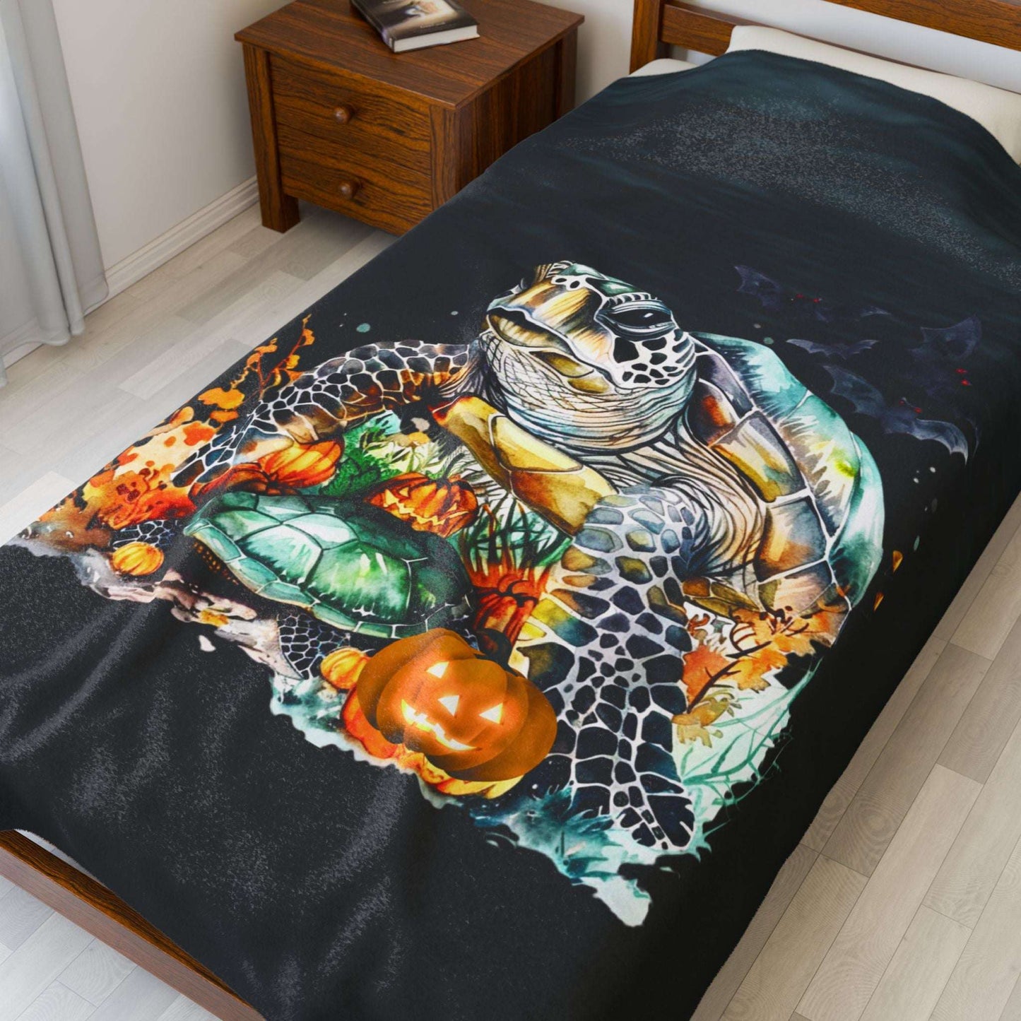 Sea Turtle Plush 60" x 80" Blanket with underwater plants and pumpkins on dark water background.