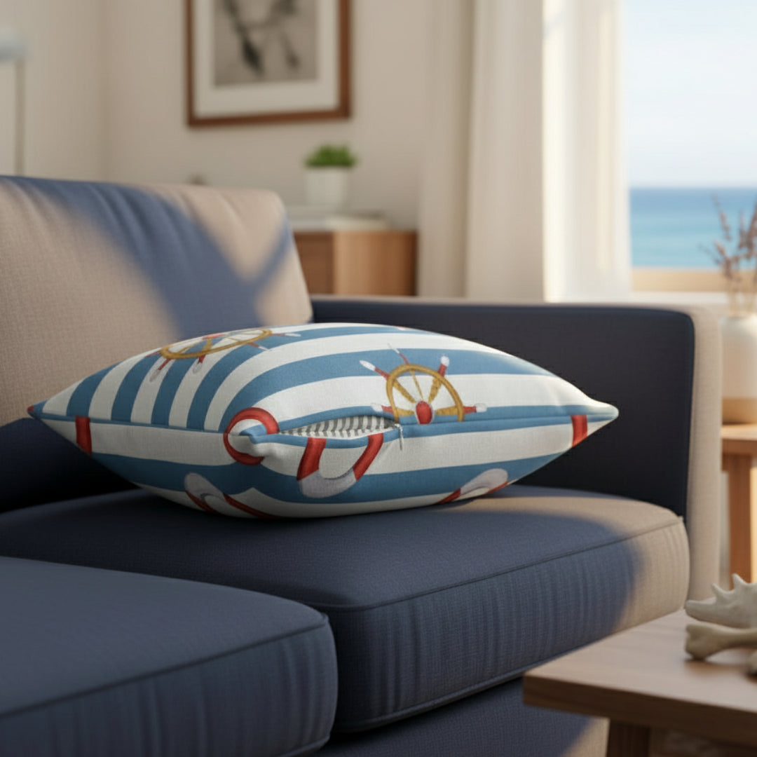 Decorative pillow with nautical design featuring a life buoy and ship wheel on a white background