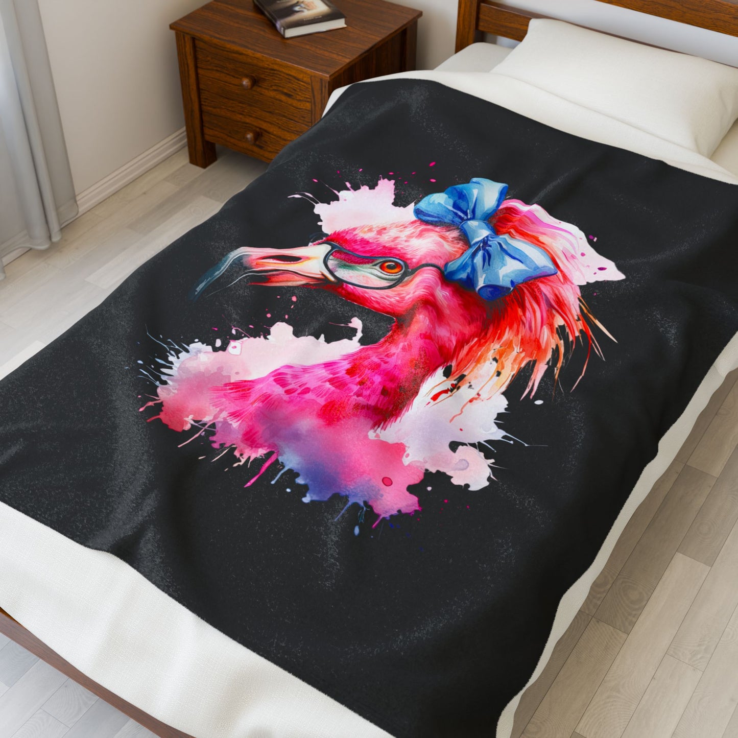Glam Flamingo Plush Black 30 x 40 Blanket with watercolor flamingo head, glasses, and blue bow.