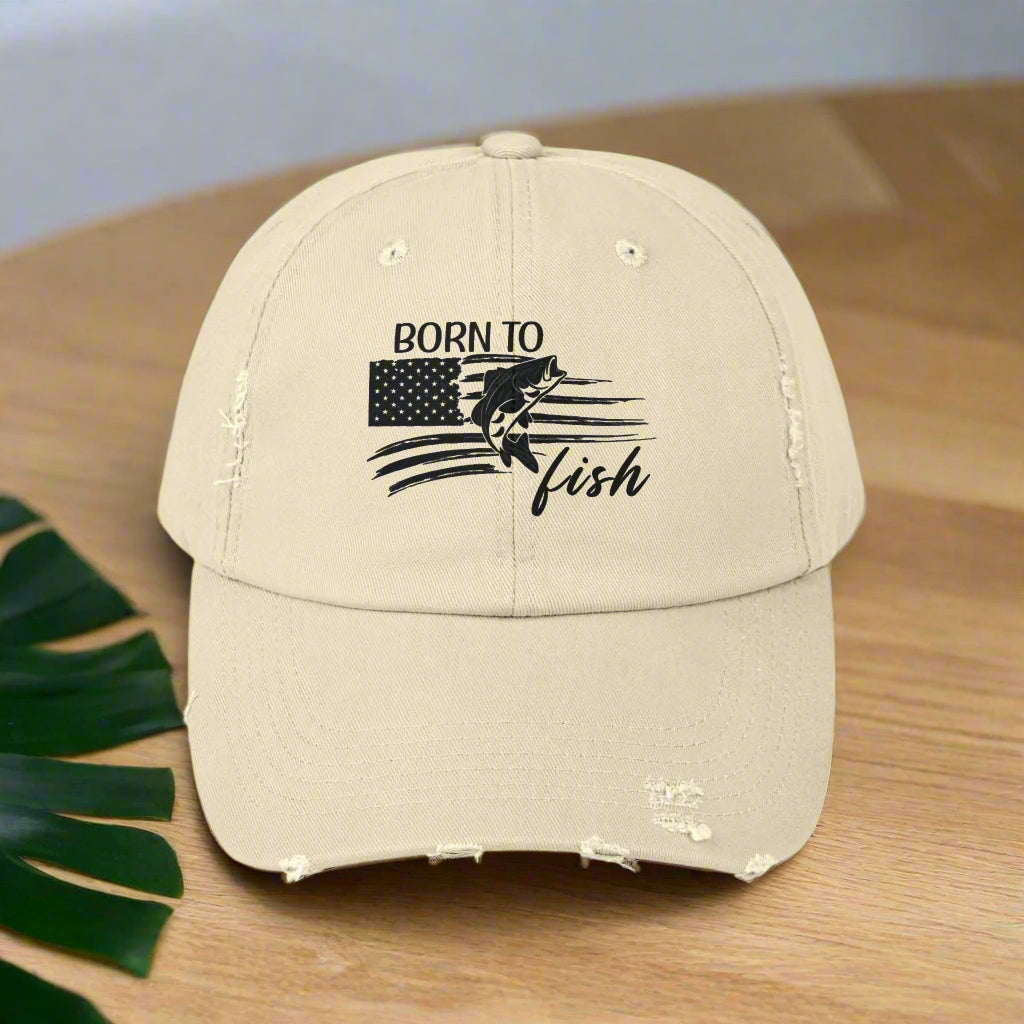 Born to Fish Unisex Distressed Cap - Perfect for Anglers and Outdoor Enthusiasts Hats Stone-One-size Everythings Beachy