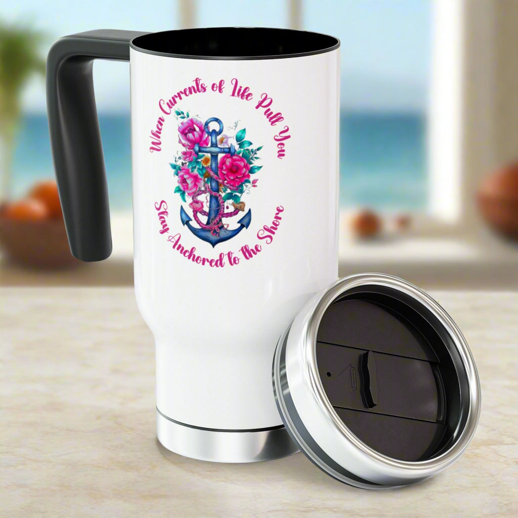 Blue anchor with hot pink flowers white stainless steel 14 oz. travel mug with inspirational quote “Stay Anchored to the Shore”.