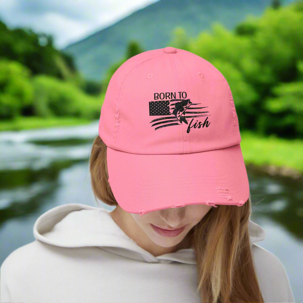 Born to Fish Unisex Distressed Cap - Perfect for Anglers and Outdoor Enthusiasts Hats Everythings Beachy