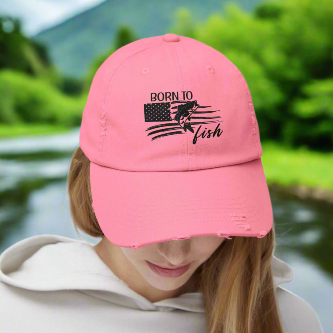 Born to Fish Unisex Distressed Cap - Perfect for Anglers and Outdoor Enthusiasts Hats Everythings Beachy