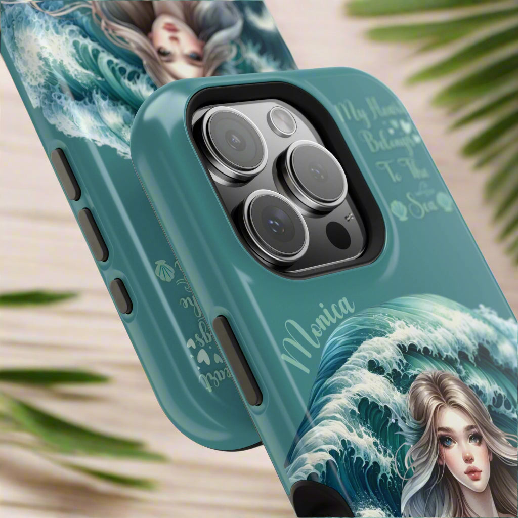 iPhone 16 case layers with mermaid design on an aqua background with My Heart Belongs to the Sea and optional personalization.