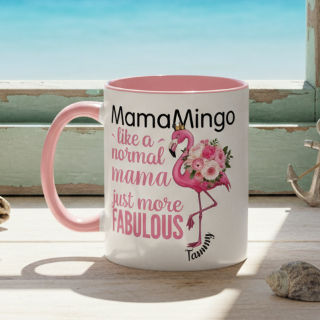 Mug with flamingo design and text on a white background