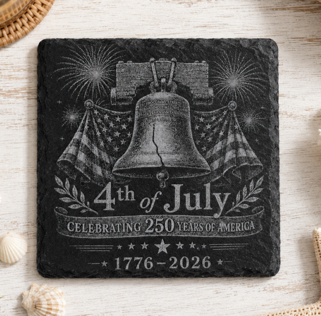 A square dark slate coaster featuring a detailed 4th of July design with the Liberty Bell, American flags, fireworks, and the text '4th of July', 'CELEBRATING 250 YEARS OF AMERICA', and '1776-2026'. The coaster is displayed on a light wood surface with seashells and a woven mat as props.