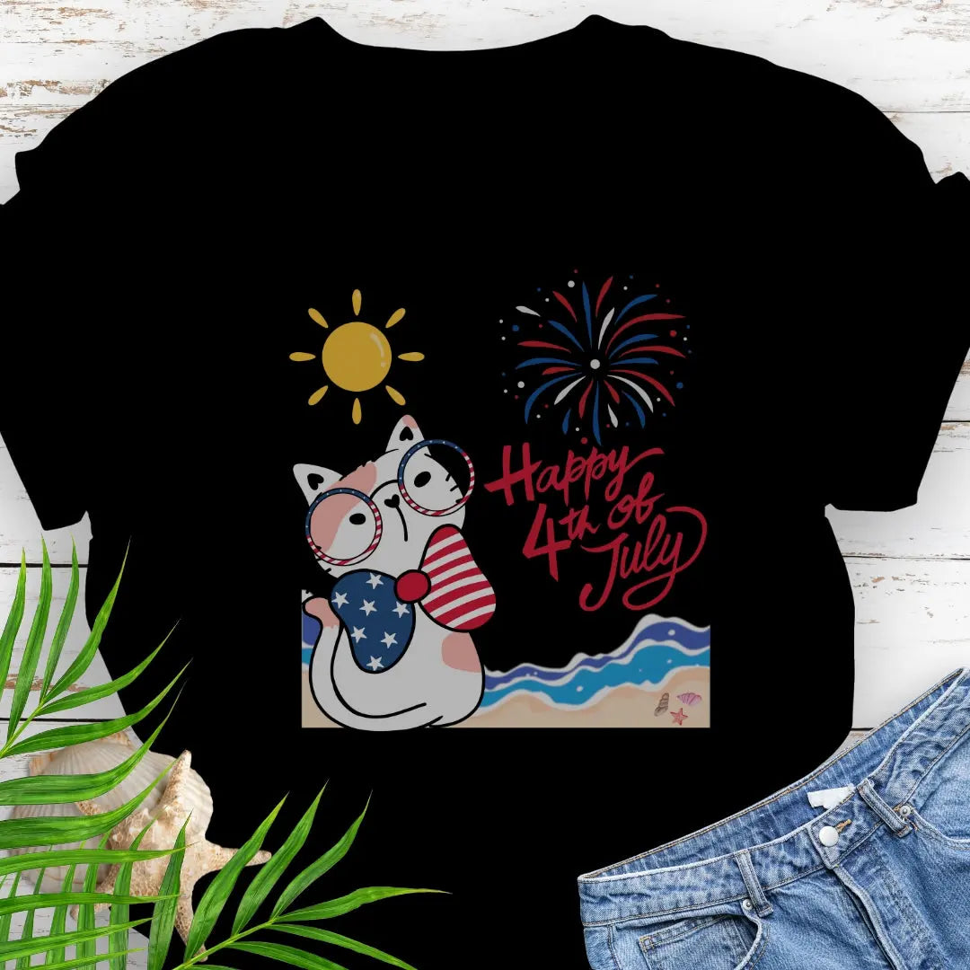 Happy 4th of July Cat T-shirt T-Shirt Black-5XL Everythings Beachy