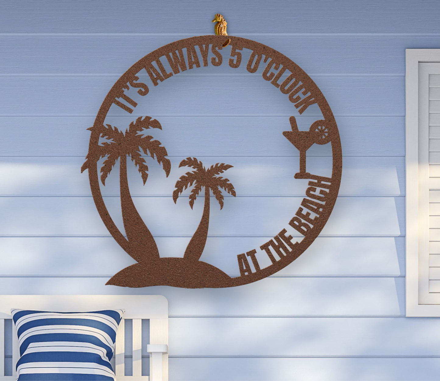 Copper metal wall art featuring palm trees and a cocktail glass with the phrase "It’s 5 0’Clock Beach" in a playful beach theme, available in 6 sizes.
