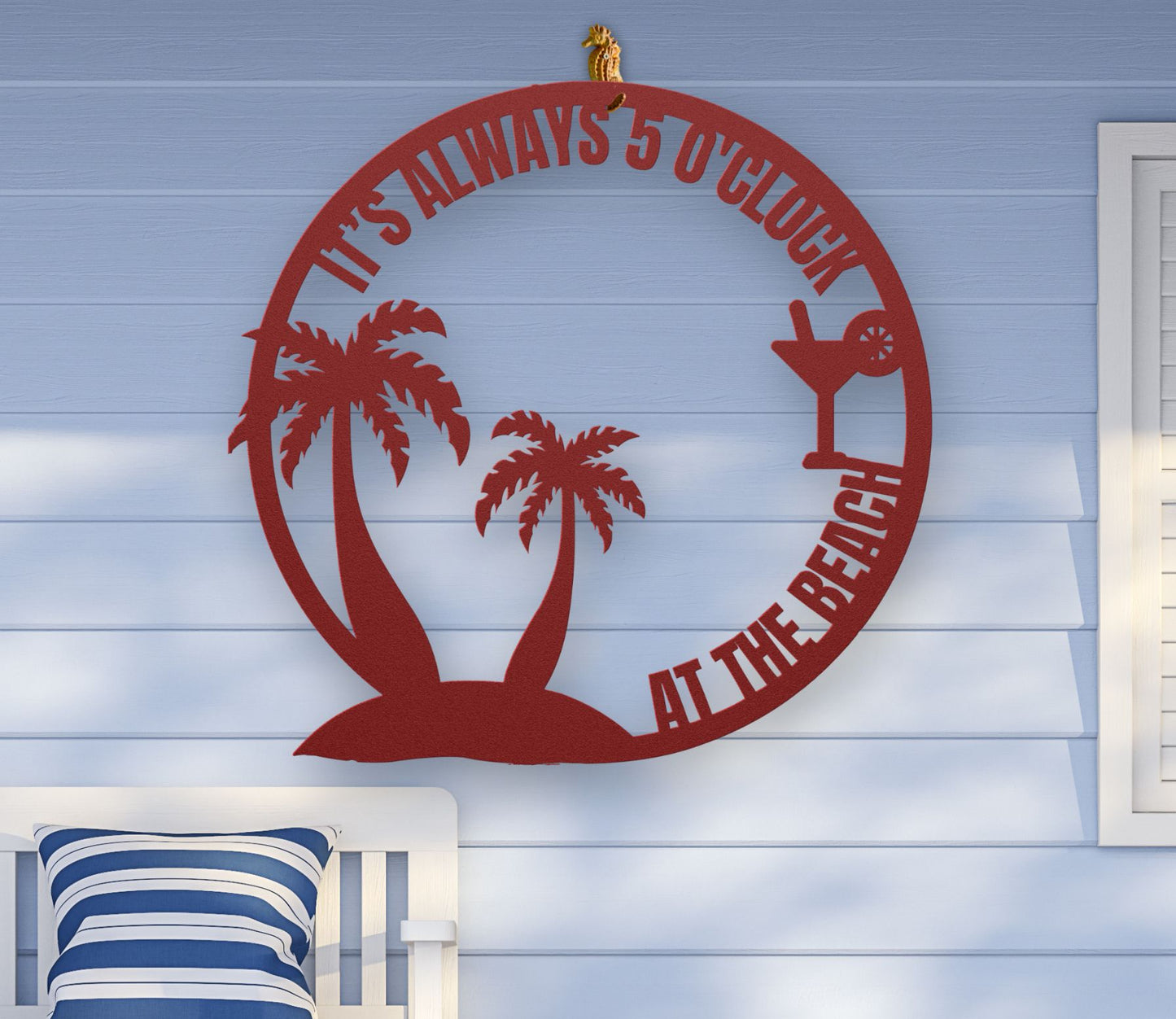 Red metal wall art featuring palm trees and a cocktail glass with the phrase "It’s 5 0’Clock Beach" in a playful beach theme, available in 6 sizes.