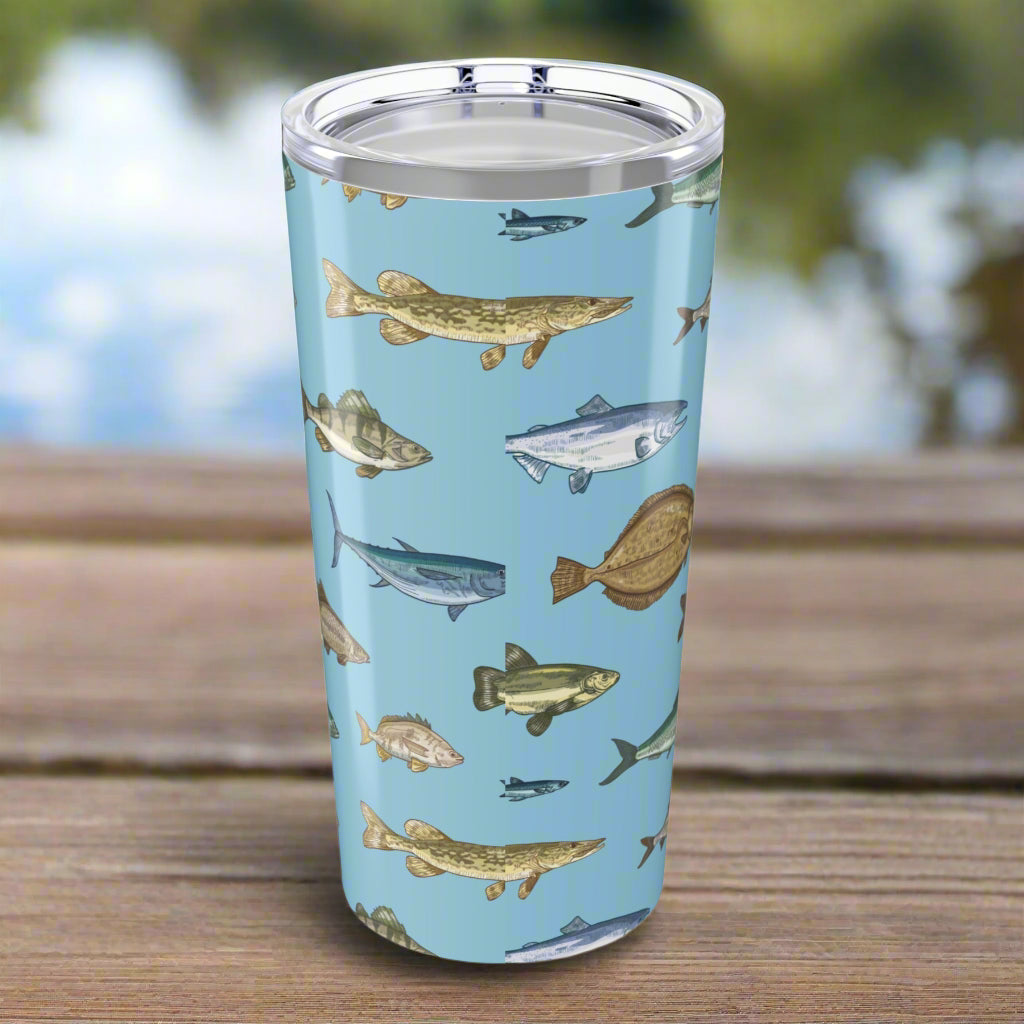 20oz stainless steel tumbler with blue background featuring realistic fish design, glossy finish, and spill-resistant lid.