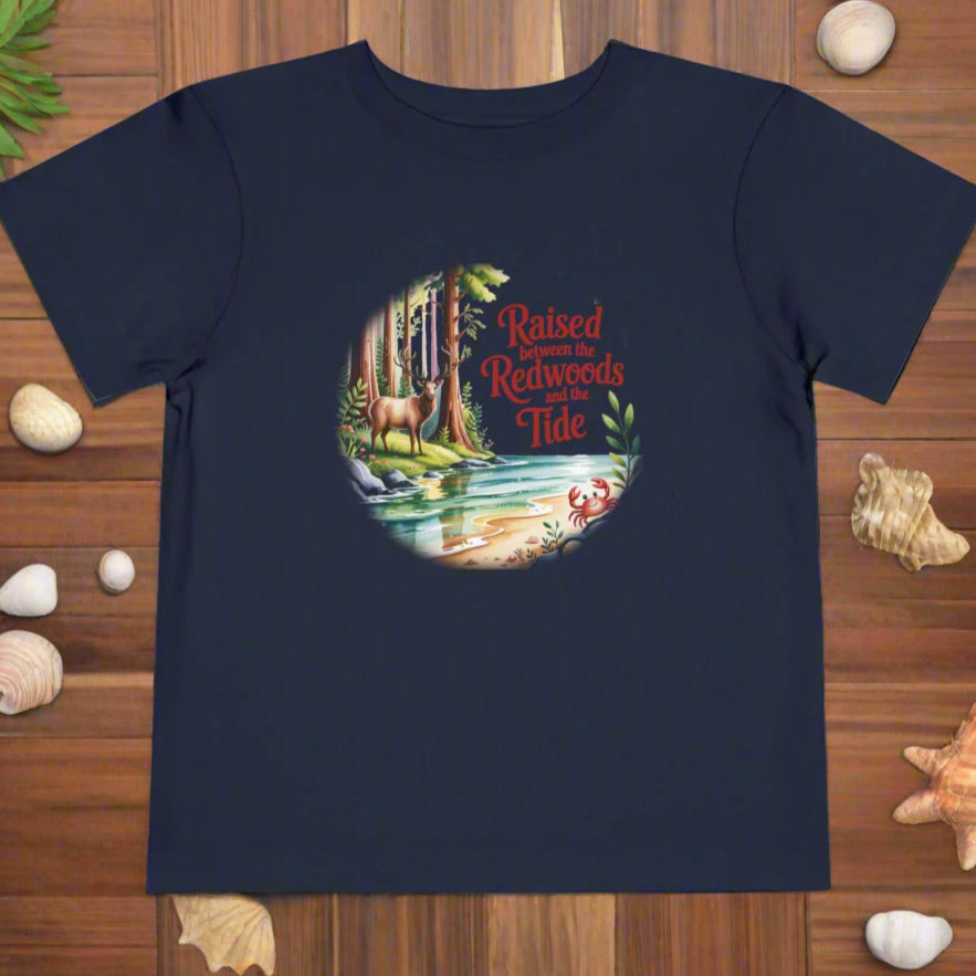 Navy blue t-shirt with a nature-themed graphic and text on a white background