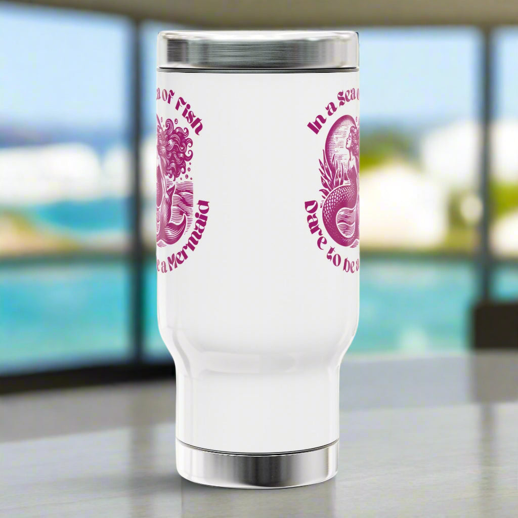 Mermaid-themed white 14 oz. stainless steel travel mug with ocean waves, sun, and “IN a Sea of Fish Dare to Be a Mermaid” quote.