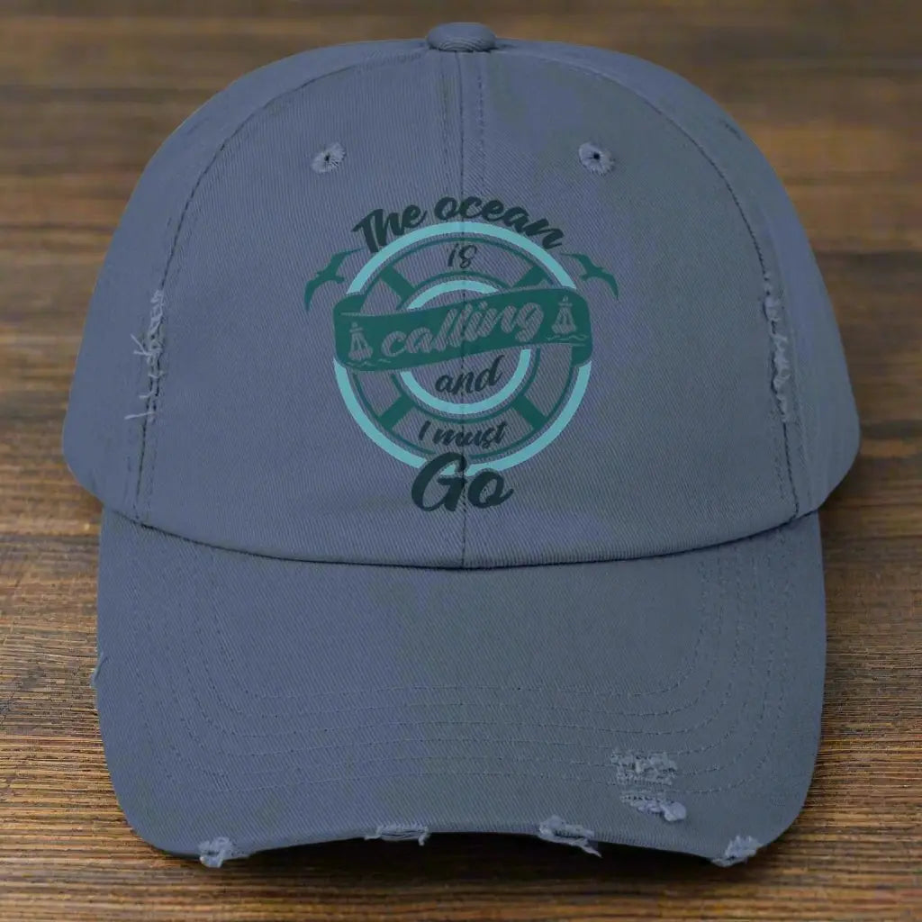 The Ocean is Calling and I Must Go Distressed Cap Hats Scotland-Blue Everythings Beachy