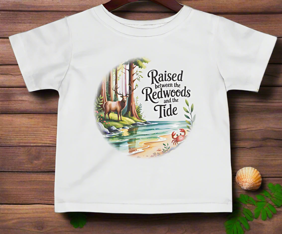 White t-shirt with nature-themed graphic and text on a white background