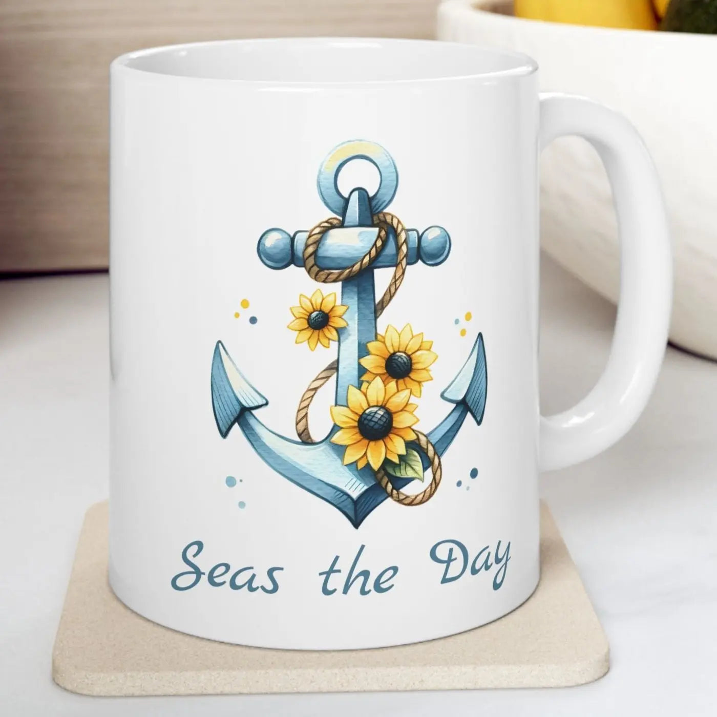 11 oz. White mug with Anchor and Sunflowers with text Seas the Day