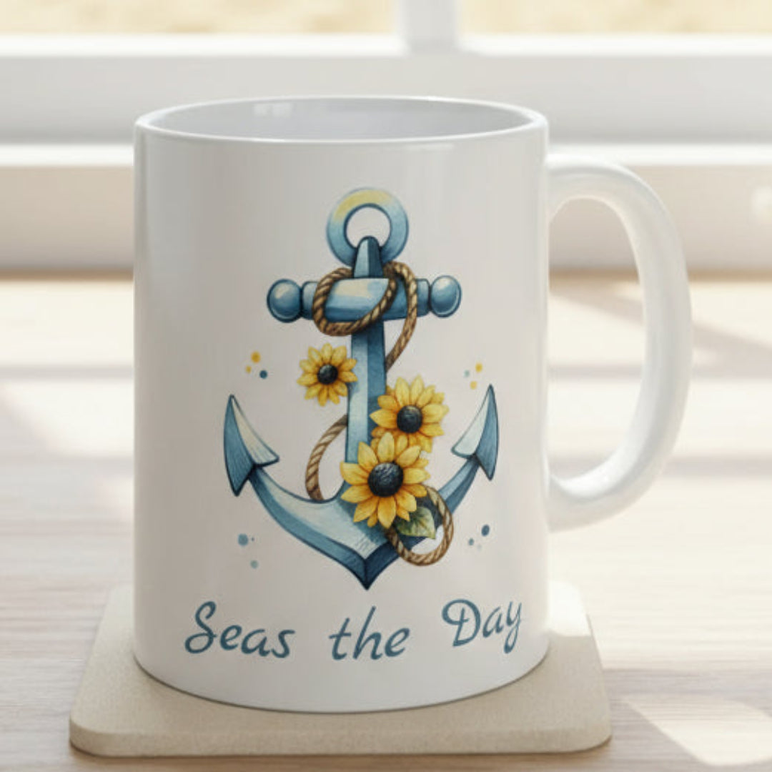 11 oz. White mug with Anchor and Sunflowers with text Seas the Day