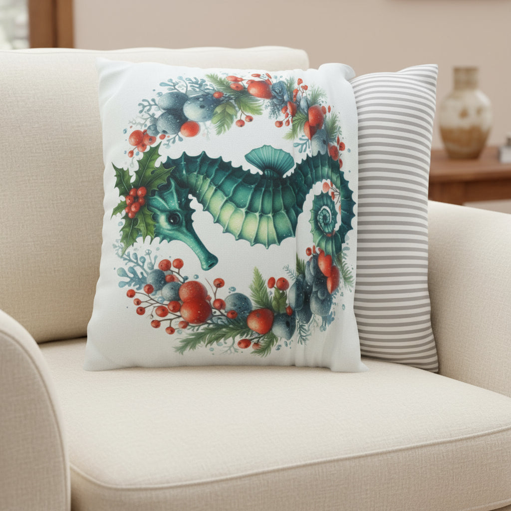 Decorative pillow with a seahorse design showing ease of removal.