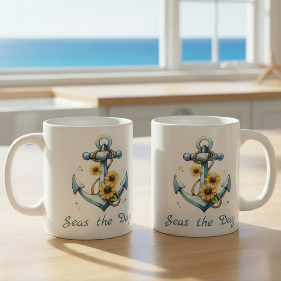 Two 15 oz White mug with Anchor and Sunflowers with text Seas the Day