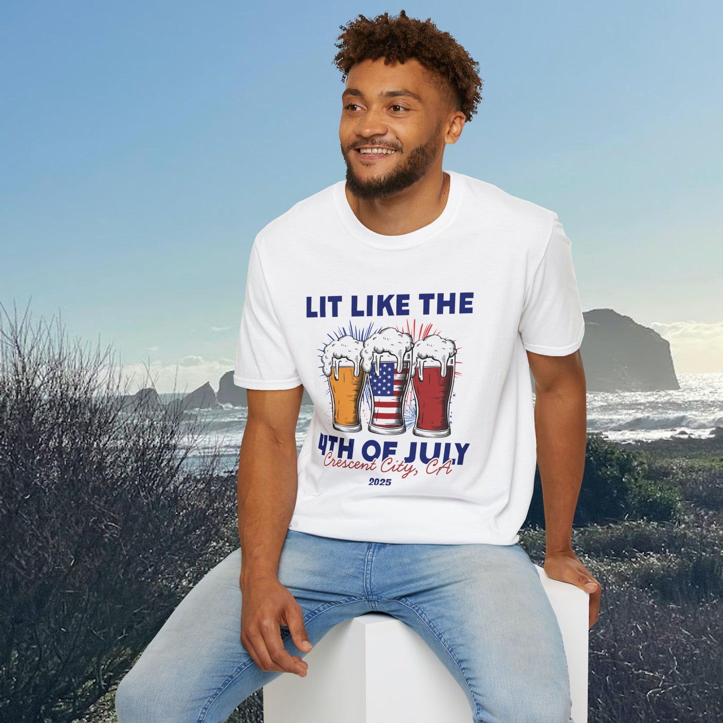 White t-shirt featuring three pint glasses—one filled with the American flag with slogan Lit Like the 4th of July Crescent City, CA 2025.