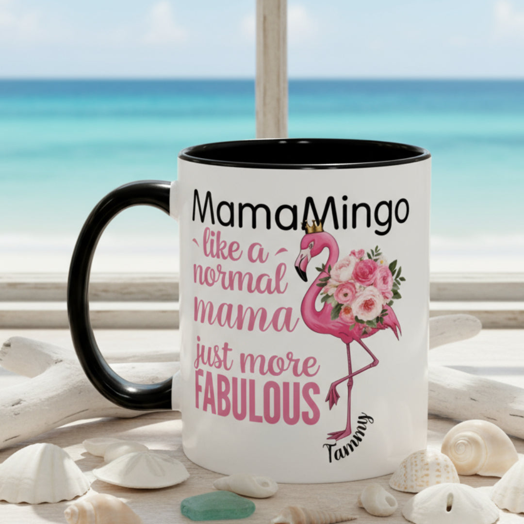 Mug with flamingo design and text on a white background