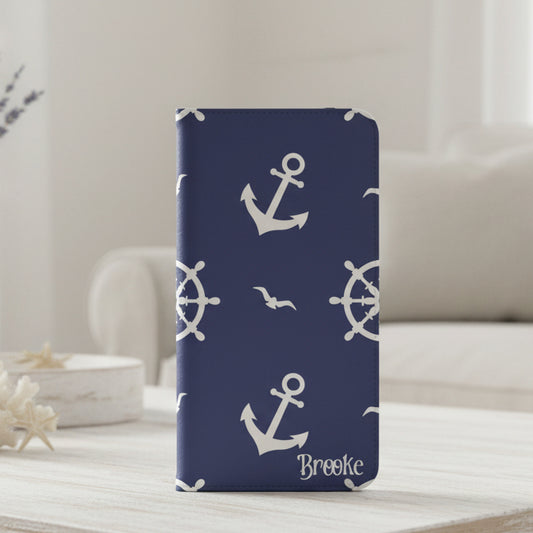Flip phone with nautical pattern and optional personalization.