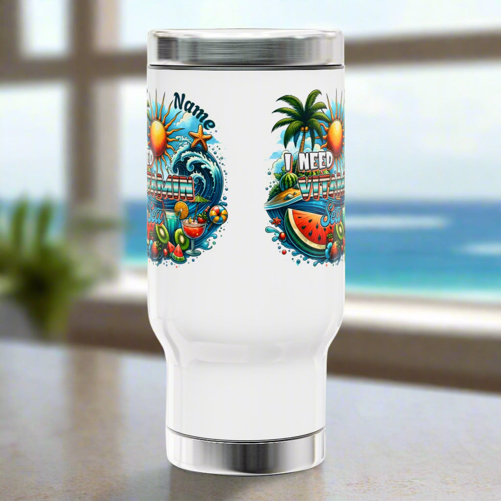 Personalized tropical stainless steel white travel mug with a vibrant design of ocean waves, palm trees, the sun, fruit, a cocktail, and “I Need Vitamin Sea” quote.