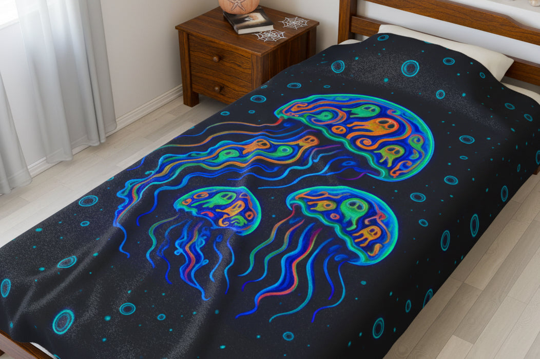 Pop art jellyfish 60" x 80" plush blanket with pumpkins inside and water bubbles on black background.