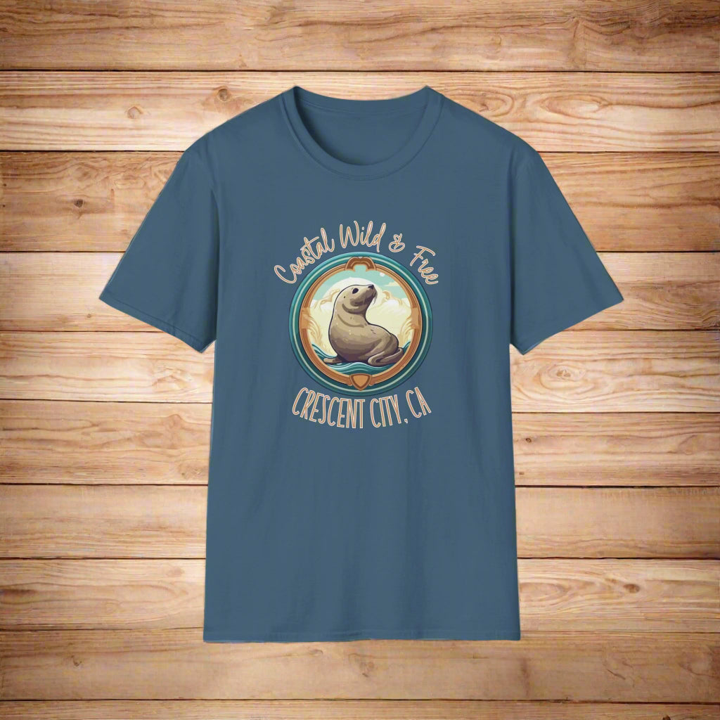 Blue t-shirt with a seal graphic and text on a white background