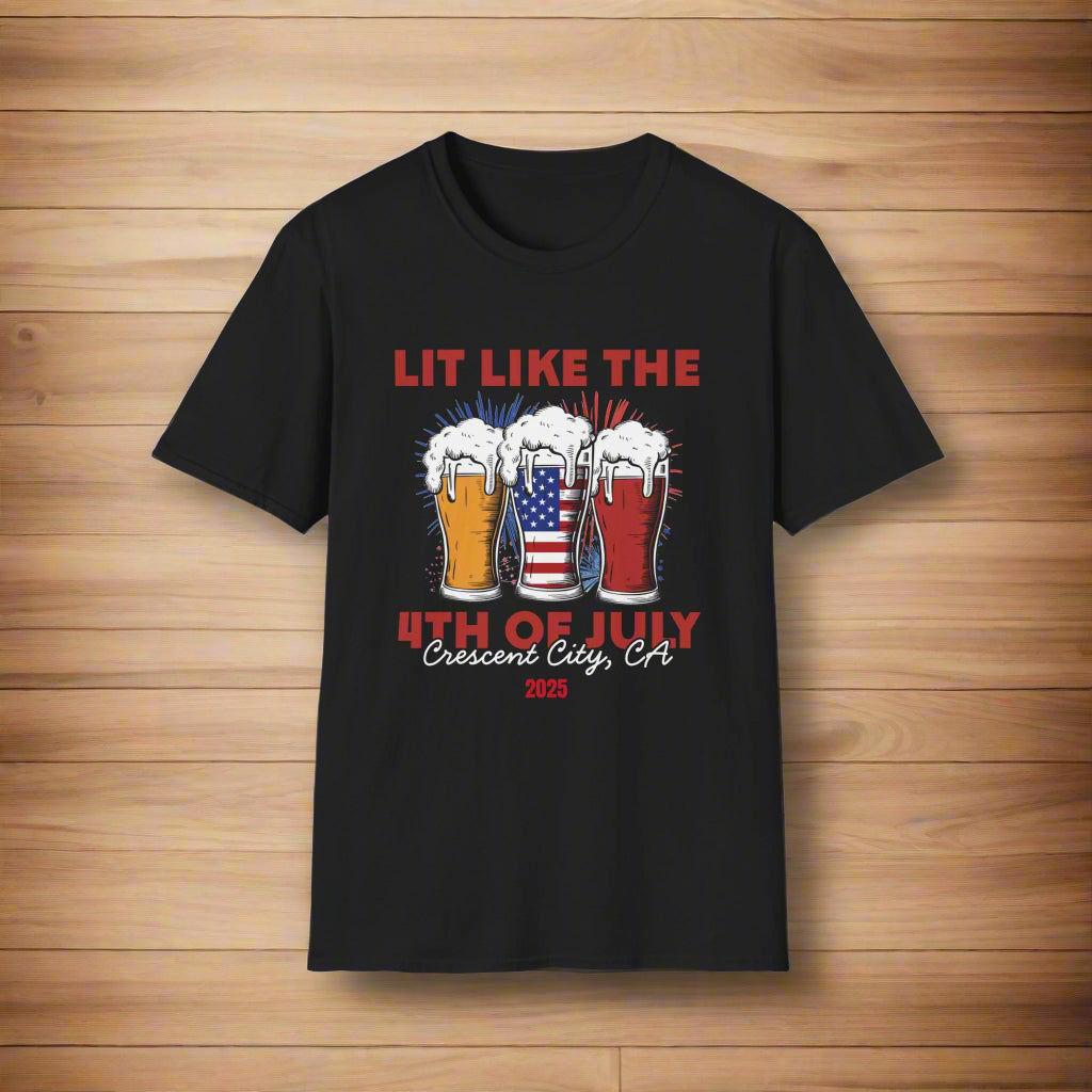 Black t-shirt featuring three pint glasses—one filled with the American flag with slogan Lit Like the 4th of July Crescent City, CA 2025.