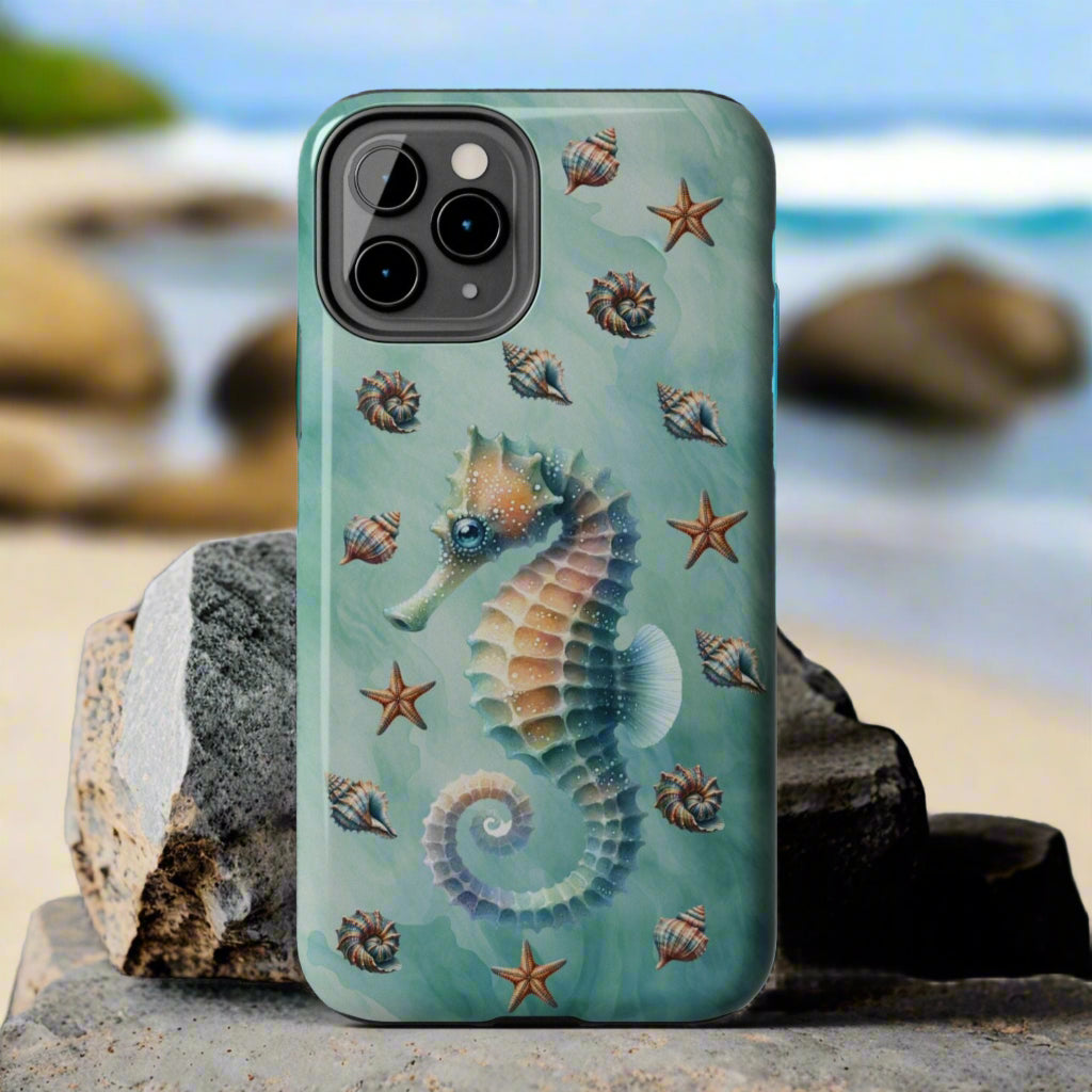 Phone case with seahorse design on a green background