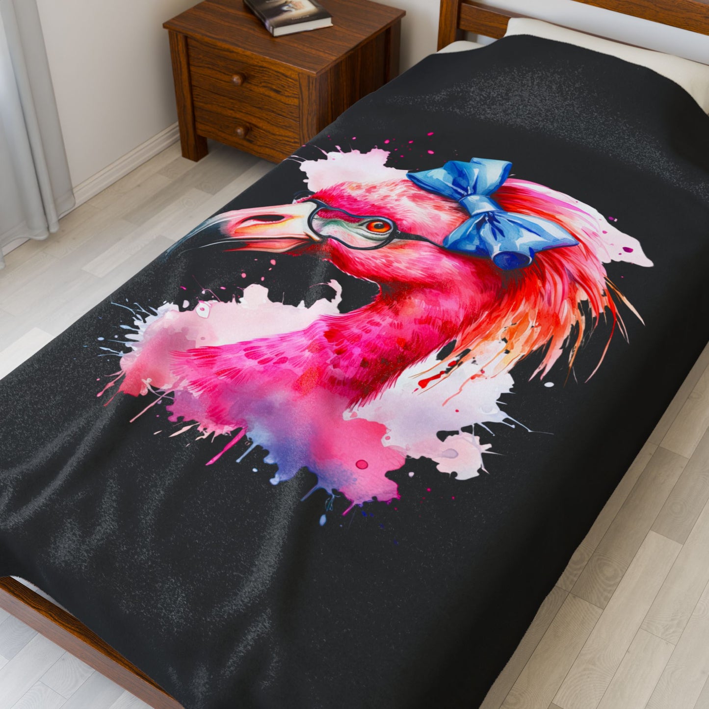 Glam Flamingo Plush Black 60 x 80 Blanket with watercolor flamingo head, glasses, and blue bow.