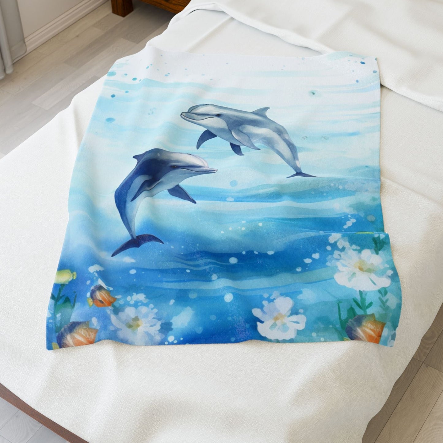 Tranquil Ocean Dolphin 30" x 40" blanket with watercolor dolphin design and coastal theme.