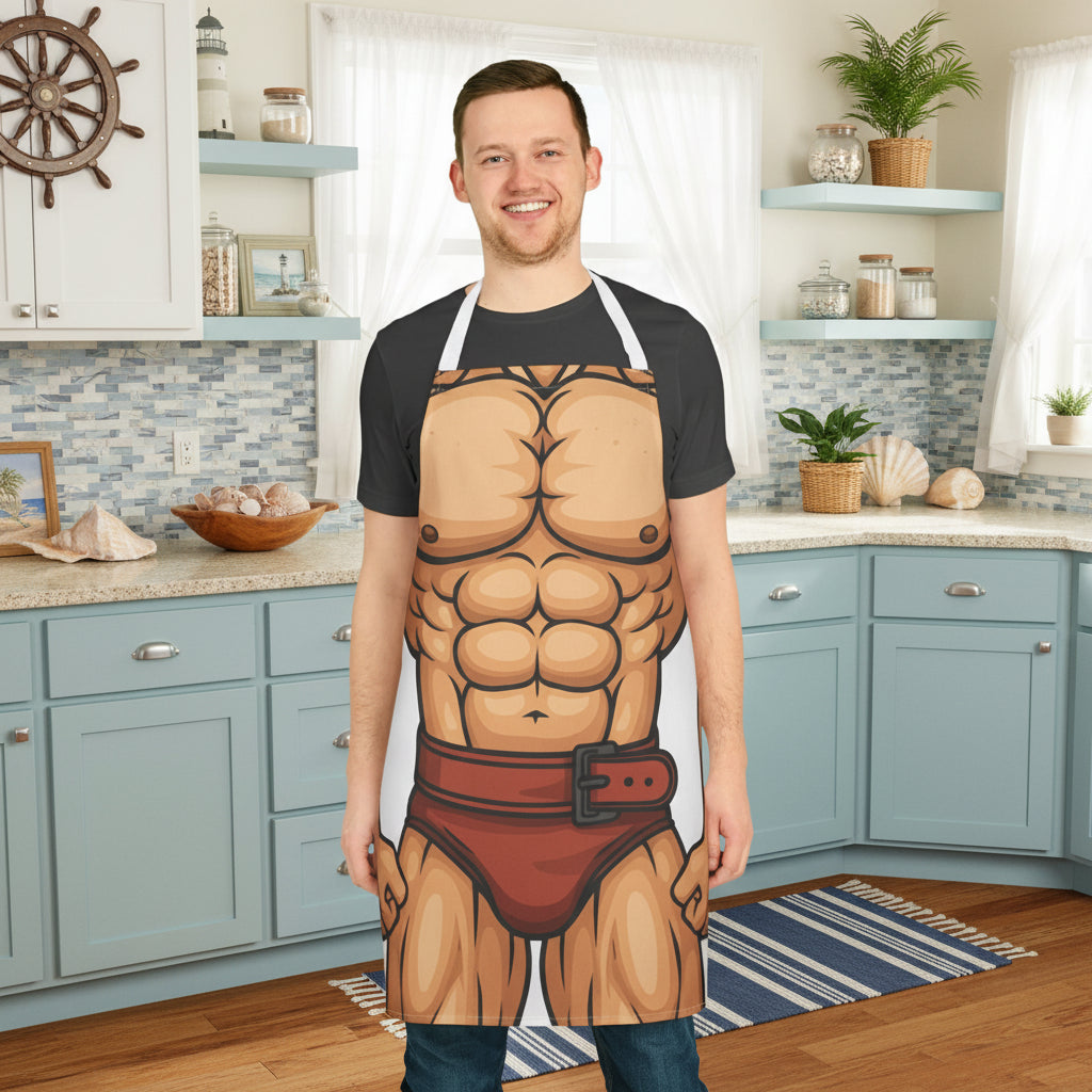 Person wearing a novelty apron with a muscular design on a white background