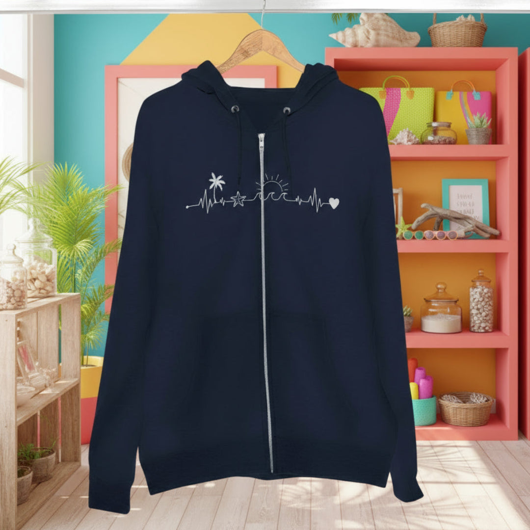 Navy blue hoodie with white designs on a wooden hanger against a white background