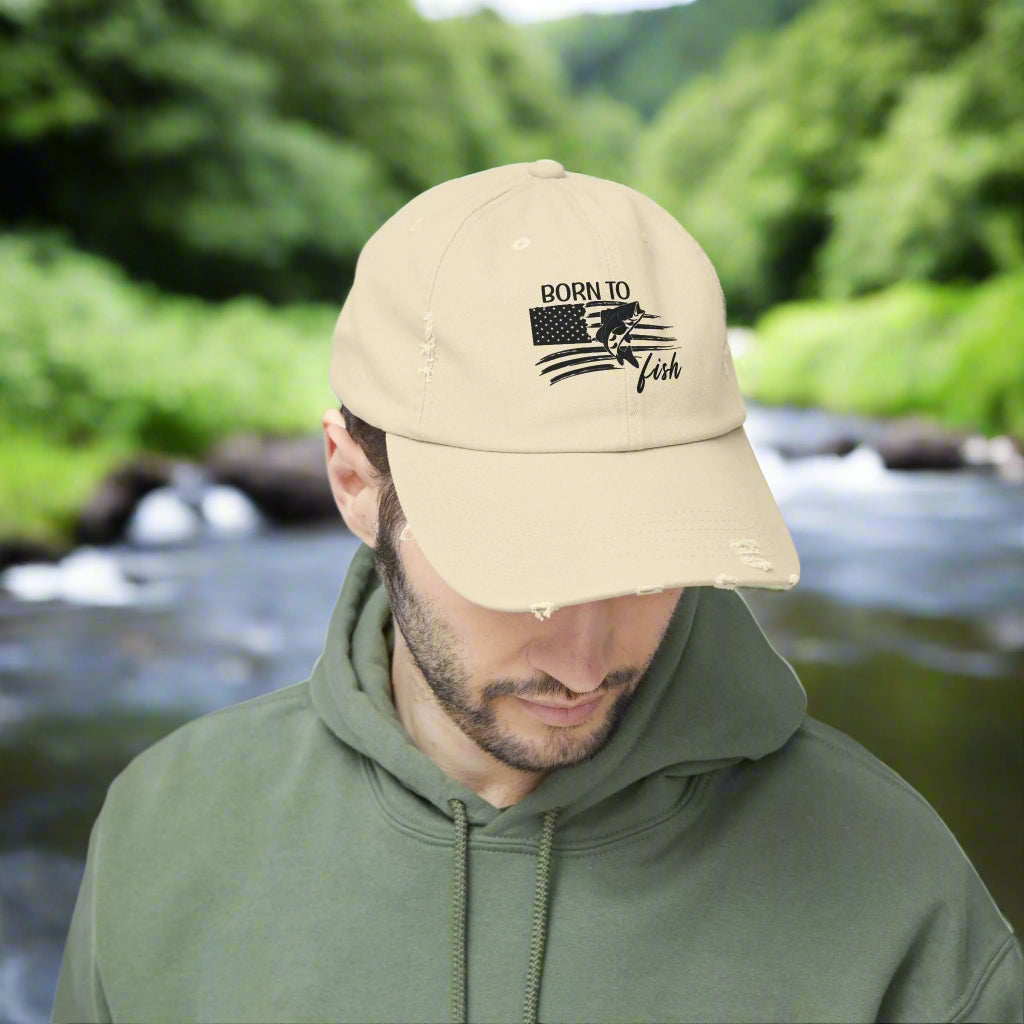 Born to Fish Unisex Distressed Cap - Perfect for Anglers and Outdoor Enthusiasts Hats Everythings Beachy
