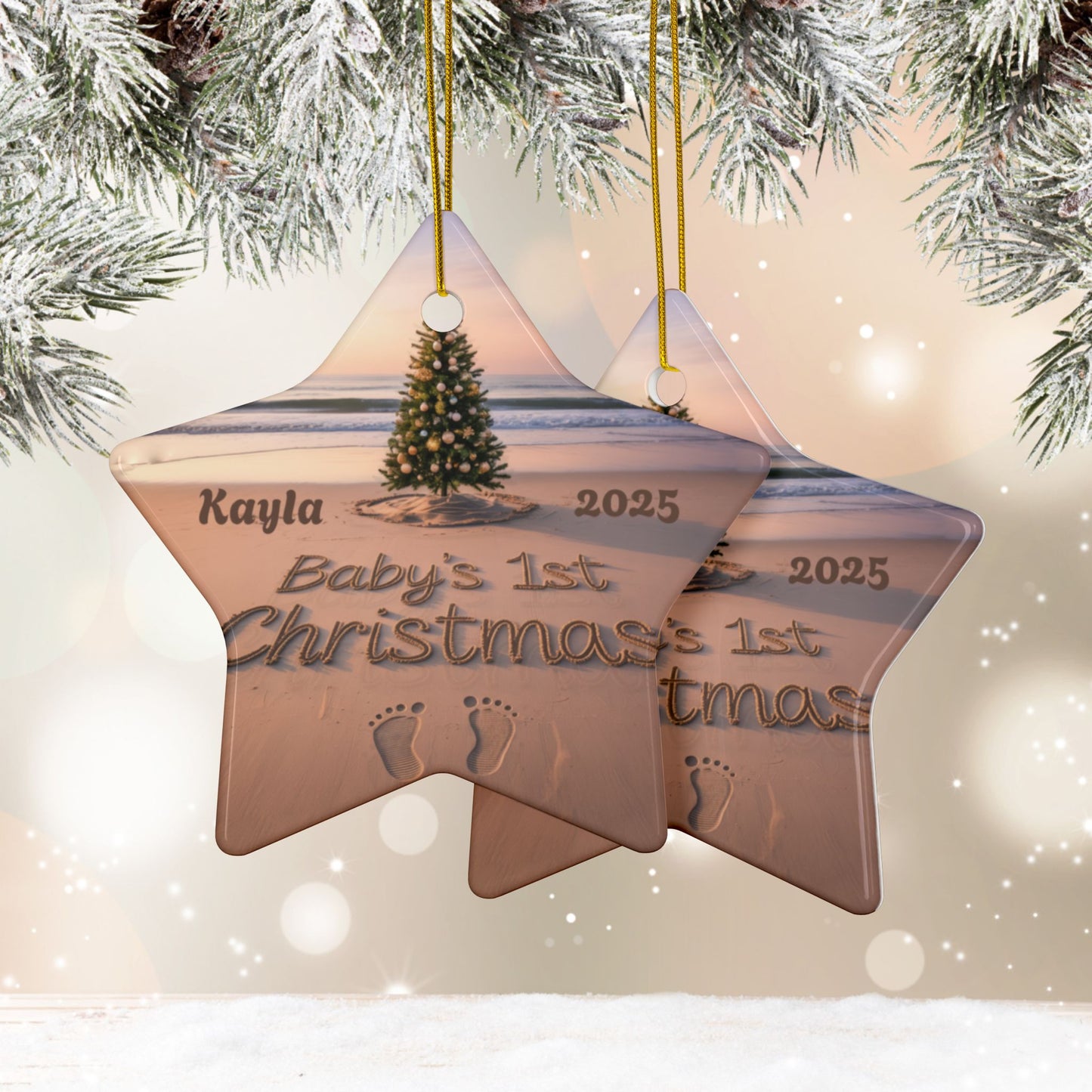 Star-shaped Christmas ornament for 'Baby's 1st Christmas' with engraved text and tree design.