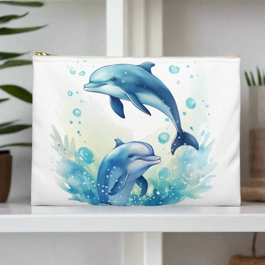 Our Dancing Dolphins Accessory Pouch constructed from a durable material with a zipper closure featuring two dolphins splashing out of the water on a white background. Available in small or large.