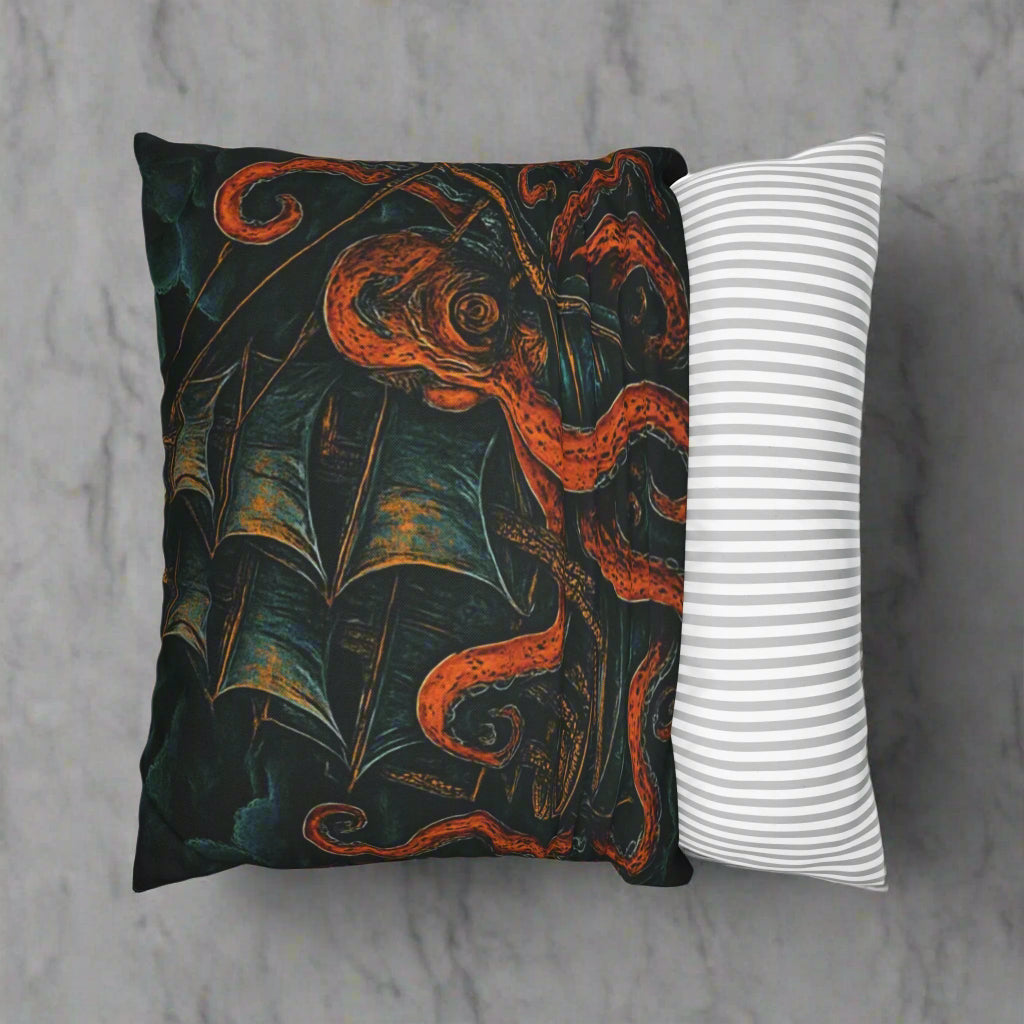Decorative pillow case with gothic octopus showing ease of removal.