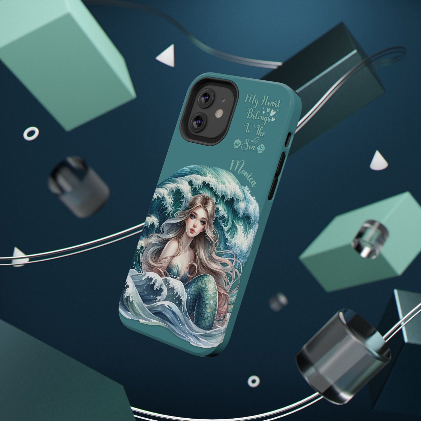 iPhone case with mermaid design on a dark blue background