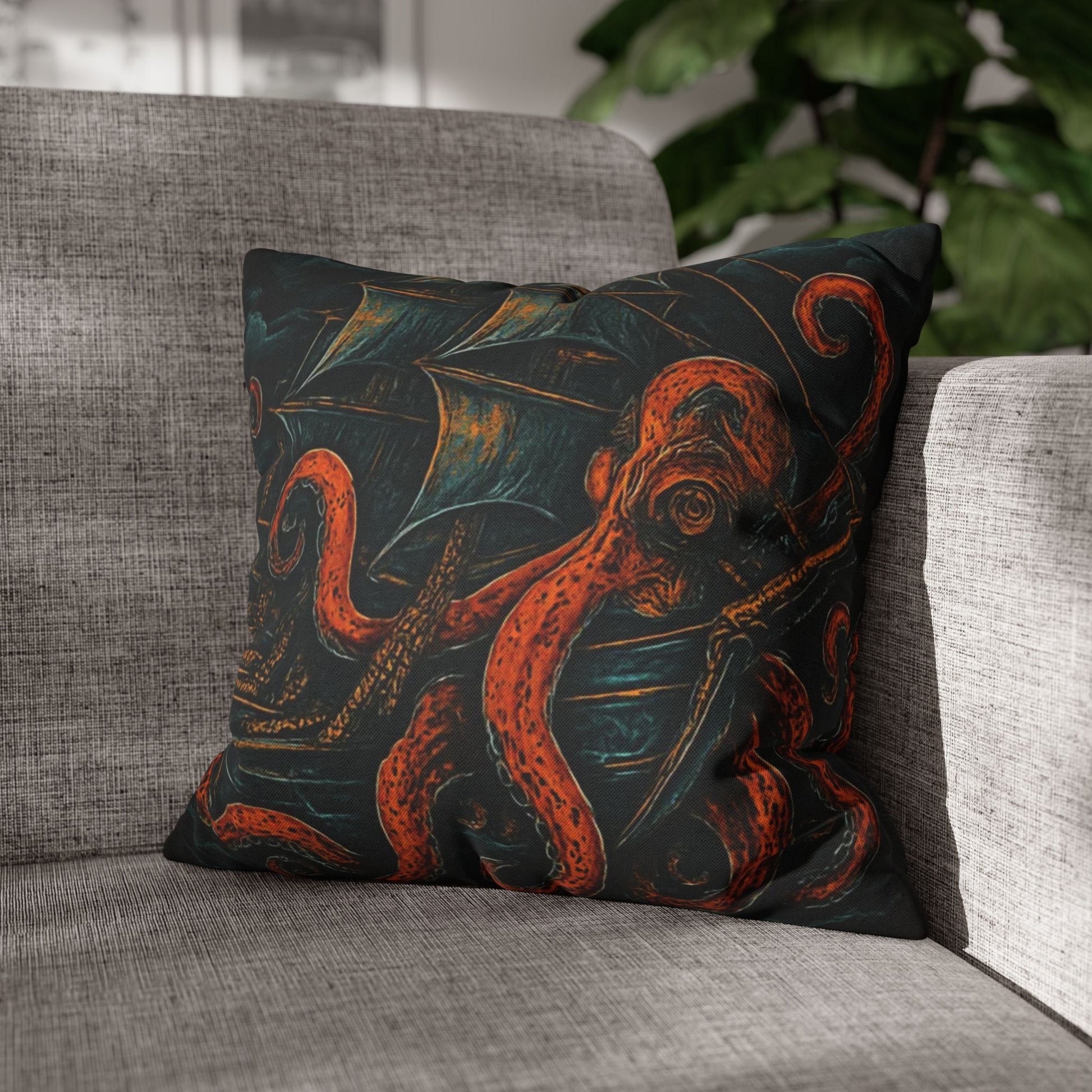 16" x 16" Black pillowcase with a design of a large octopus enveloping an old sail ship.