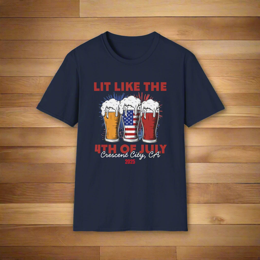 Navy t-shirt featuring three pint glasses—one filled with the American flag with slogan Lit Like the 4th of July Crescent City, CA 2025.