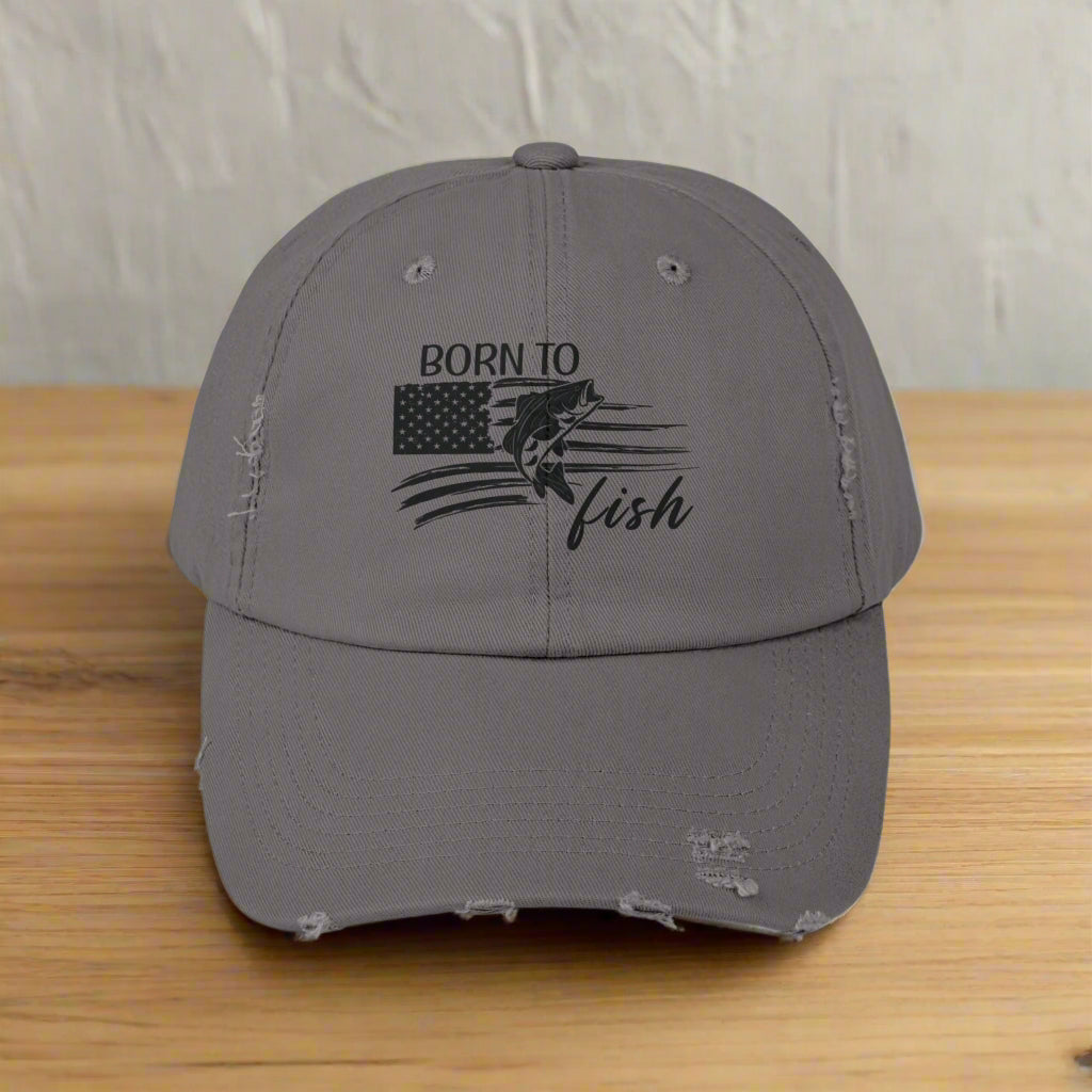 Born to Fish Unisex Distressed Cap - Perfect for Anglers and Outdoor Enthusiasts Hats Nickel-One-size Everythings Beachy