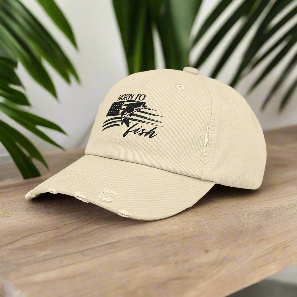 Born to Fish Unisex Distressed Cap - Perfect for Anglers and Outdoor Enthusiasts Hats Everythings Beachy