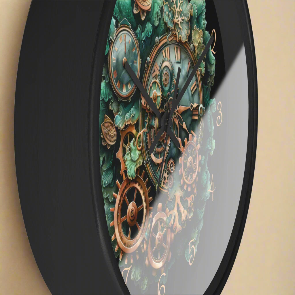 Decorative steampunk wall clock with intricate clockwork design on a black background.